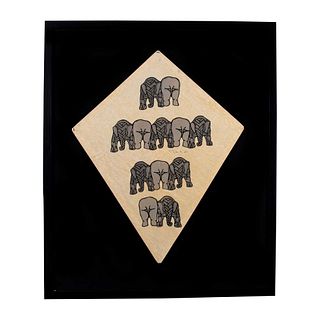 FRANCISCO TOLEDO Papalote, Elefantes Firmado al frente Esténcil y troquel sobre papel hecho a mano Enmarcado 70 x 56 cm