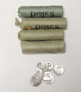 Four original rolls of Roosevelt dimes (3) 1959, (1) 1960.