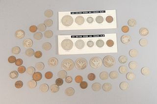 Mixed U.S. coin lot to include 11 Indian cents, Lincoln, (1) 2 cents, 28 u nickels, 4 barber half's, plus two coin sets with 1.70, etc.