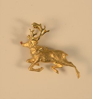 Gold and diamond reindeer brooch, prancing reindeer with a diamond-set collar and one small ruby eye, 15.8 gr. Provenance: Estate of Marilyn Ware, Str