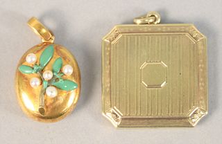 Two lockets, one topped with green enameling and pearls, one modified square, 32.5 gr. Provenance: Estate of Marilyn Ware, Strasburg, Pennsylvania.