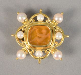 18K gold, cultured pearl and glass intaglio pendant-brooch, signed 'E. Locke', 25.3 gr. total weight. Provenance: Estate of Marilyn Ware, Strasburg, P
