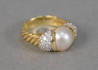 18K David Yurman gold, sterling, button pearl and diamond ring, 18K and 14K gold, sterling silver, ring centering one button pearl, approximately 10.0