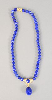 14K yellow gold with lapis beads necklace, 16" with teardrop lapis and small diamonds.