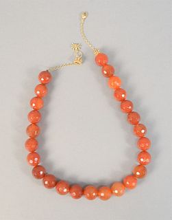 Faceted coral bead necklace with 18K yellow gold crab shaped clasp, lg. 20".