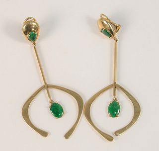 Pair 14K gold earrings, clip-ons to include large dangle free-form and two green stones in each, lg. 3", 14.4 gr.