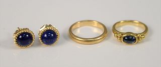 Four piece 18K gold lot to include two rings, one with blue stone along with pair of pierced earrings set with lapis, 7.9 gr.