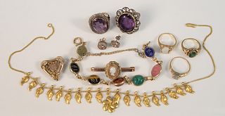 Lot of gold and Victorian costume jewelry to include three gold rings, one set with diamonds; two large silver and gold rings set with large amethysts