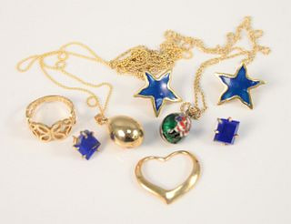 Four piece gold lot to include pair 18K gold earrings; ring; 14K heart; two chains; one pendant, 14gr., 12 gr., 18K, 14K, 16 gr.