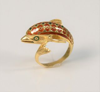 18K gold dolphin ring with enameling, (small chips), size 5 1/2", 7.3 gr.