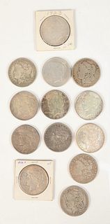 Thirteen silver dollars to include, seven peace dollars, along with six Morgan dollars (all circulated).