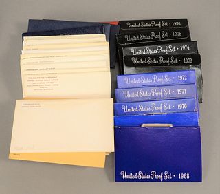 Coin lot to include Proof sets: 1968 - 1976; 1960 - 1964; Mint sets: 1965 - 1976; Ike uncirculated dollars; 1871 - 1974; silver Bicentennial silver se