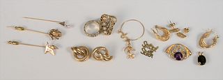 14K gold lot to include two pairs of earrings, three stick pins, two rings, along with three pendants, 35.6 gr.