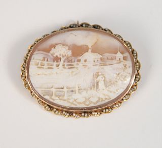 Shell cameo in 14K gold mount having seed pearl surround, brooch or pendant 39mm x 49mm.