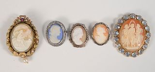 Five cameo brooches to include one salt glazed and four shell cameos, largest 2 1/4".