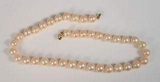 Pink luster pearl necklace with 14K gold clasp, 10.8mm., 18".