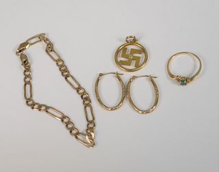 Four piece 14K lot to include pair of earrings, bracelet, ring, round pendant with Indian center, 11.3 gr.