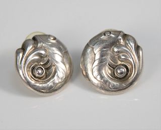 Pair Georg Jensen sterling silver earrings, fish motif, dia. 19mm.