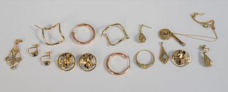 14K gold lot to include four pairs of earrings; one ring; two pendants, etc. 23 gr.; chain and pendant and three clip on earrings.
