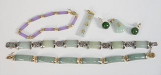 Five piece jade lot to include three bracelets and one pair earrings, two bracelets with gold, one with sterling; pair bead earrings, along with two j