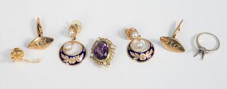 Group of gold jewelry, pair of cufflinks, mouse tie tack, 14k white gold engagement setting, pair of 14k gold earrings with pearls, and an amethyst an