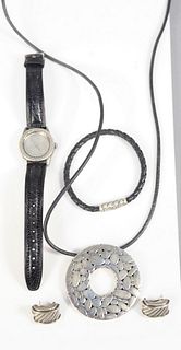 Four piece silver lot to include John Hardy wristwatch; David Yurman leather bracelet with silver mounts; pair David Yurman earrings along with sterli