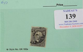 Twelve cent George Washington from 1851, used, Scott Catalog #17, catalog estimate $250, four clear margins.