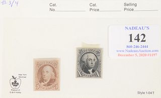 Five cent Benjamin Franklin and George Washington, both from 1875, mint, Scott Catalog #3/4, catalog estimate $2,000, reproduction, UF.