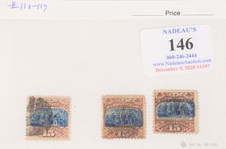 Fifteen cent Landing of Columbus from 1869, Scott Catalog #120/121, catalog estimates $600 and $375, two nice F-VF stamps.