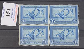 One dollar hunting permit (duck) stamp block of four F-VF, top two stamps hinged, both two stamps never hinged, Scott Catalog #RW1, catalog estimate $