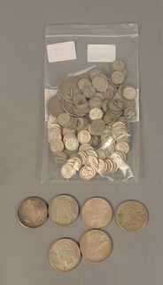 Mixed coin lot to include 5 silver dollars along with $16.10 face value 90% Mercury and Roosevelt dimes. Provenance: The Vincent Family Collection, Fa