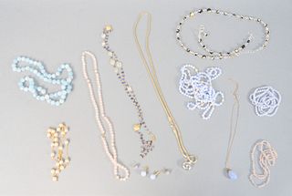 Ten various necklaces to include hardstone and silver with earrings, two pink quartz, hardstone beads, spheres and silver.