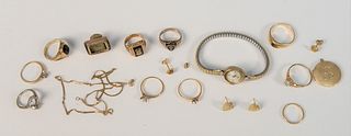 Group of assorted gold to include eight 14K rings, 14K locket, 10K 1961 Maloney Meriden class ring, two pair earrings, 10 grams, 10K gold, 30.5 grams,