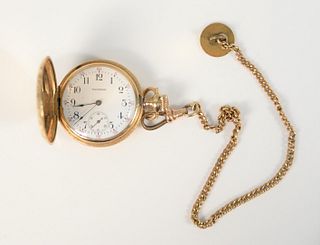 14K gold pocket watch with plated chain and black outer extra case, 33.9mm. Provenance: Estate of Dr. Thomas & Alice Kugelman, Bloomfield, Connecticut