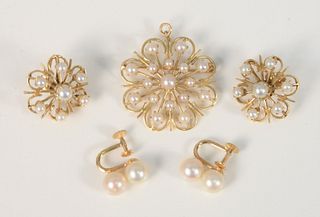 Three piece 14K gold and pearl lot to include two pairs screw back earrings, one brooch, total weight 20.7 gr. Provenance: Estate of Dr. Thomas & Alic