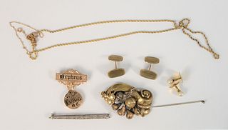 10K gold lot, two Victorian pins, as is, one chain, bow pin along with two pairs of gold cufflinks, 30 gr. Provenance: Estate of Dr. Thomas & Alice Ku