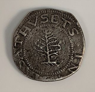 1652 pine tree coin, Massachusetts, tree pointing to second "S" in Massachusetts, 1652, XII.
