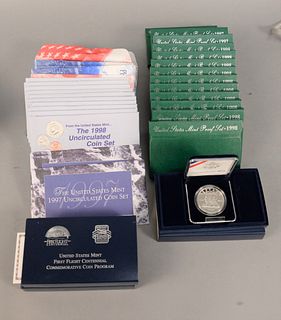 Large lot of coins to include, 10 - 1998 proof sets; 3 - 1997 proof sets; 3 - 1997 mint sets; 10 - 1998 mint sets; 6 - 1999 mint sets; 3 - 2003 First 