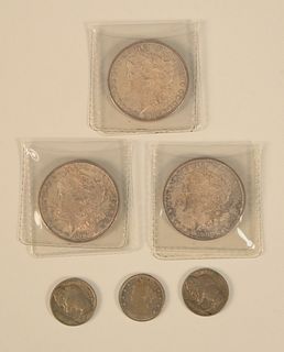Lot of six coins to include, 3 1880's B.U. silver dollars along with 1913 and 1913D Buffalo nickels, 1883 V-Nick B.U. Provenance: The Vincent Family C