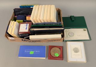 Coin lot to include, large box lot of St. Patrick's silver medals and foreign mint sets, 1 Bahamas proof set, silver proof coins, some stamps.
