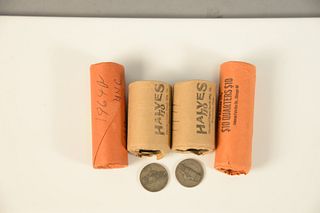 Mixed coin lot to include 2 rolls of 1964 uncirculated quarters 90%; 2 rolls 1971 halves and 2 war nickels.