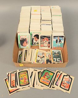 Box lot of trading cards to include approximately fifty 1973 Topps Wacky Package stickers along with football and baseball cards from the 1970's and 1