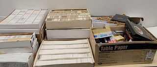 Table lot of boxes of baseball cards and basketball cards, some rookie cards, some football, hundreds individually sleeved.