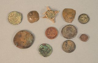Group of eleven early copper coins, Roman or Greek, 117 - 138, AD and Emperor H. Adrien, one in gold holder.