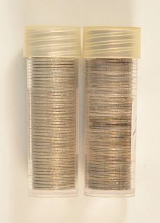 Two rolls of 1964 D Roosevelt dimes, uncirculated.