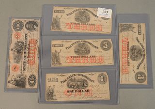Group of five 'The State of Mississippi' bank notes to include an 1862 Mississippi cotton Confederate note; 1864 $1 railroad bank note along with thre