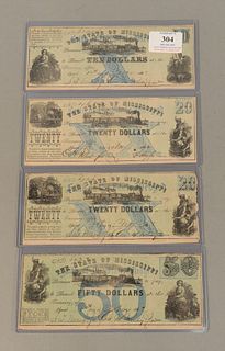 Group of four hand-signed 'The State of Mississippi' 1862 bank notes to include a $10, two $20s and one $50.