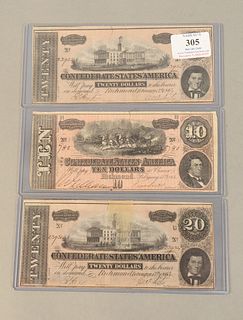 Group of three Confederate States of America, Richmond bank notes to include two $20s and one $10.
