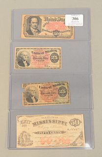 Group of four small bank notes to include two 25 cent fractional currency 1863 bank notes; one 50 cent fractional currency 1875 bank note along with o