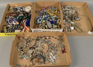 Large group of sterling silver jewelry, four tray lots of bracelets, pins, pendants, rings, beaded necklaces.